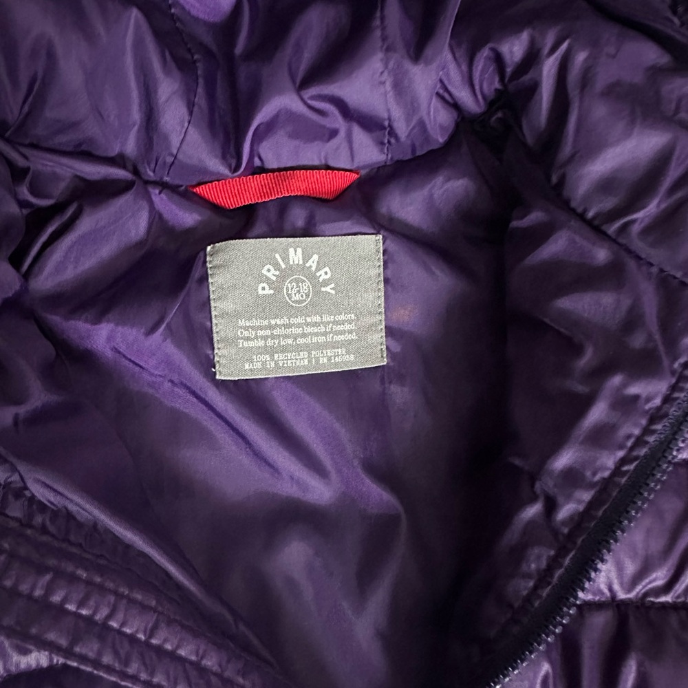 NWOT Primary Purple Puffer Snowsuit 12-18 Months Hooded Zip Outerwear - Picture 2 of 2